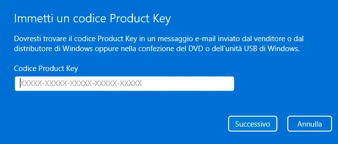 Immetti un codice Product Key